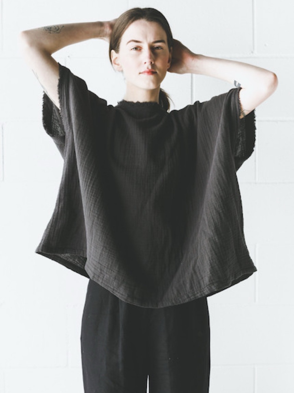 Black Crane Double Gauze Square Top OS Charcoal Gray Cotton Boxy Lagenlook USA